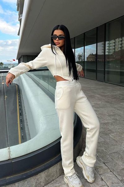 lovebox Ecru Hooded Crop Tracksuit Set - Straight Leg 60003
