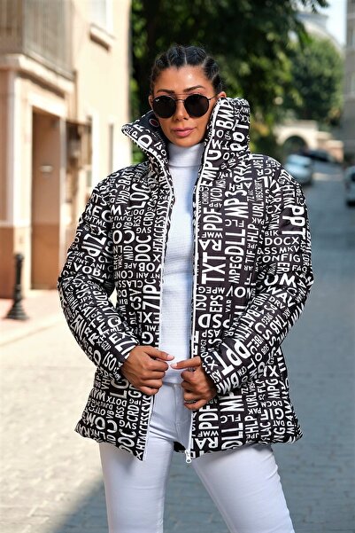 Keyifli Moda Kadın Siyah Beyaz Yazılı Dik Yaka Uzun Şişme Mont