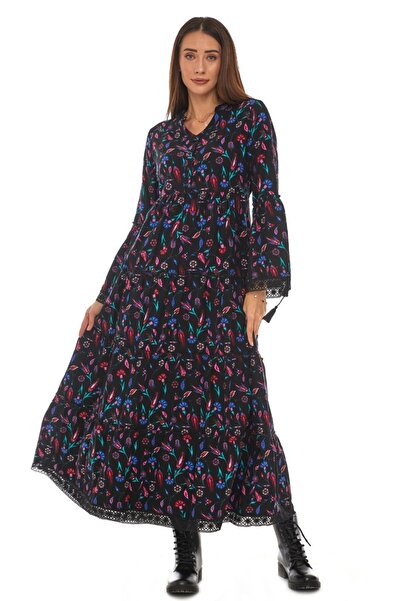 Newbutix Pazen Siyah Dantelli Çini Desen Uzun Elbise