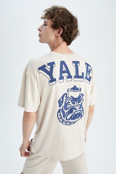 DeFacto Μπλουζάκι Yale University Boxy Fit Crew με στάμπα 100% βαμβακερό μπλουζάκι