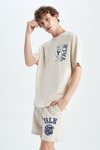 DeFacto Μπλουζάκι Yale University Boxy Fit Crew με στάμπα 100% βαμβακερό μπλουζάκι