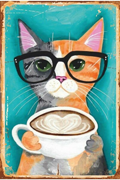 Hayat Poster Kahve Içen Kalpli Kedi Retro Ahşap Poster