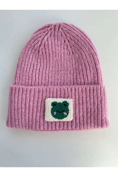 byebruketenci Pink Wool Luxury Beret with Green Frog Animal Punch Motif is Unisex