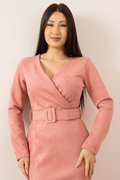 PULLIMM Süet Kruvaze Yaka Kemerli Elbise 13407