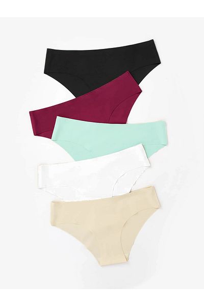 Fancy&Dancy Women's 5-Piece Black White Burgundy Skin Mint Color Seamless Non-Marking Bikini Panties