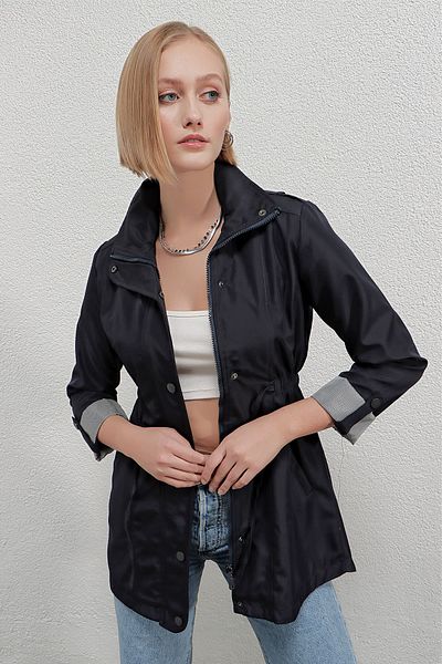 hazelin Women's Black Pocket Detailed, Gathered Waist, Lined Trench Coat Hzl22w-bd156691