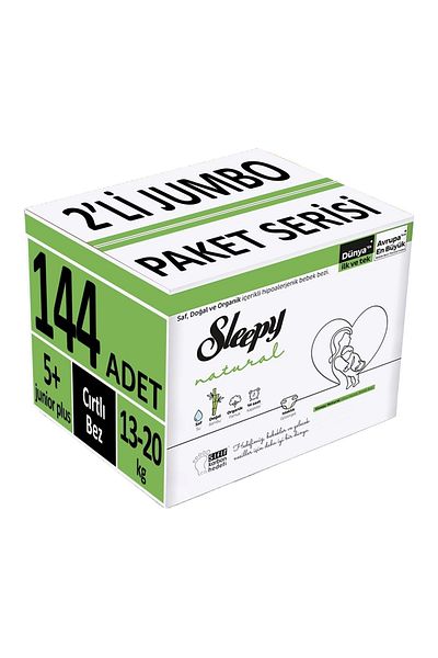 Sleepy Junior Plus Baby Diapers - 5-Piece Natural Size, 13-20kg (2-Piece Jumbo Pk Series), 144 Pieces