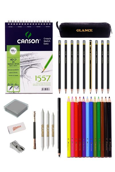 GLANCE Canson 1557 Adel Charcoal Pencil and Drawing Sketch Set with Sketch Notebook Charcoal Pencil Extension