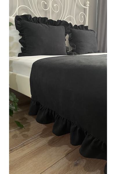 Decamor home Set de perne pentru alergător de pat cu volane negre Set cuvertură de pat dublă