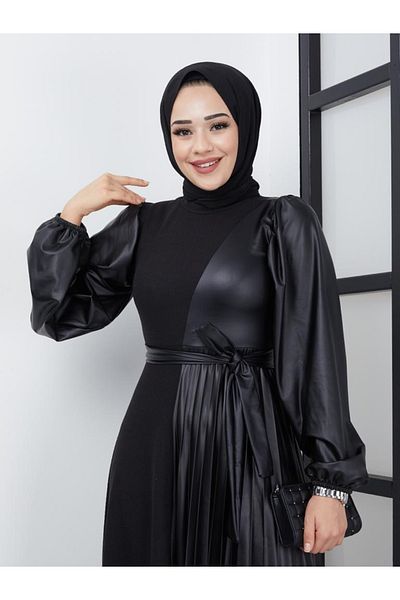 Moda Krash Pilis Detail Leather Combination Dress
