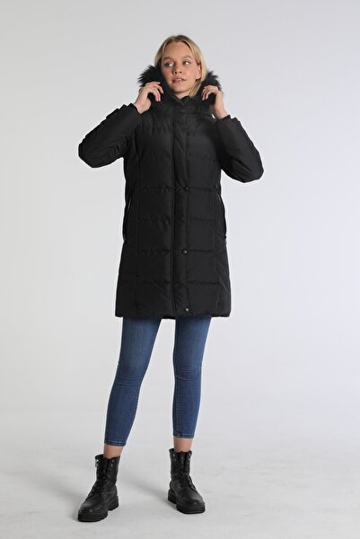 PIQUE Παλτό Γυναικείο παλτό με κουκούλα με γούνα με ραβδώσεις