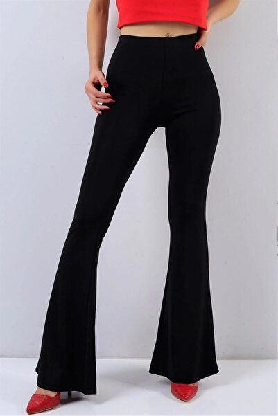 Swana Kadın Siyah Dalgıç Kumaş Bir Beden Inceltici Görünüm Sağlayan Ispanyol Paça Pantolon