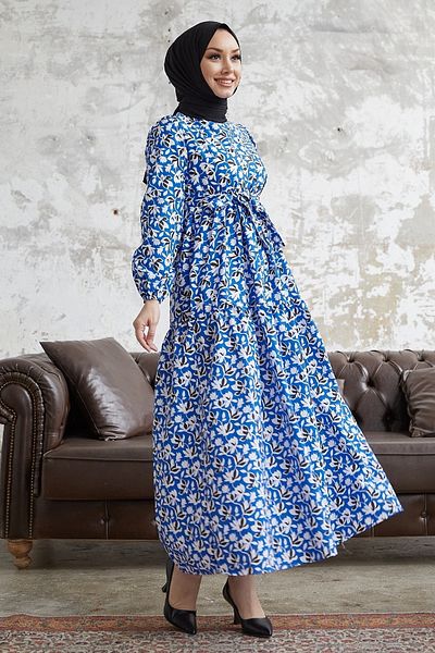 InStyle Спирална флорална рокля с колан Enra - синя