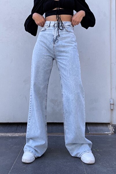 Livik Women's Blue Snow Wash High Waist Wide Leg Denim Loose Jeans - Wide Leg Jeans