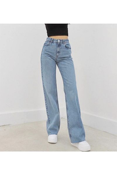 MAKRAS EXCLUSIVE Snow Wash Pantaloni largi din denim Blue Snow Lycra Palazzo 2505