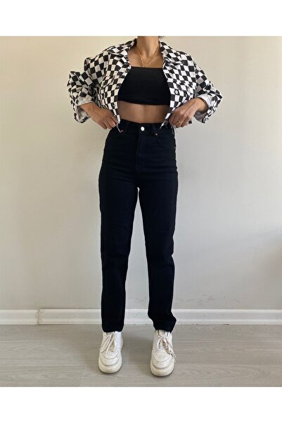MAKRAS EXCLUSIVE Lisa Mom crne udobne kroj Comfort Visok struk farmerke