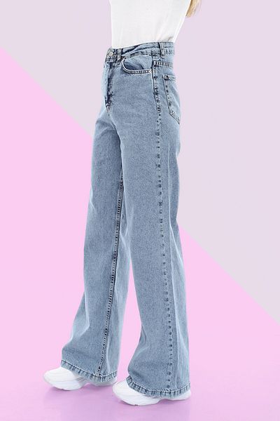 MAKRAS EXCLUSIVE Luna Casual Blue Light Blue Acid Snow Wash Talie super înaltă Anii '90 Picior lat Comfort Lycra Palazzo Blugi