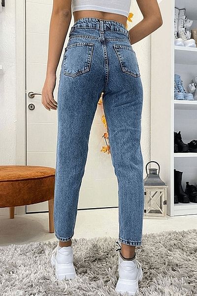 MAKRAS EXCLUSIVE Světle modré Mom Jeans s vysokým pasem - Extra elastické Mom Jeans s lycrou a sněhem