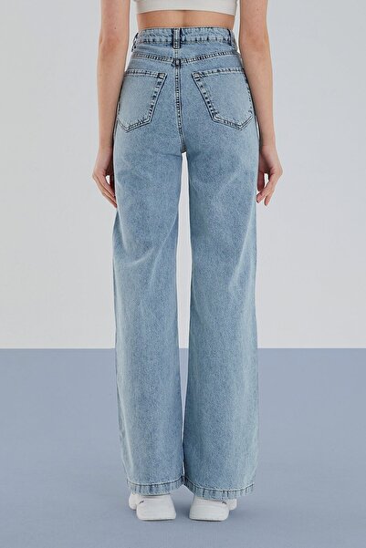 MAKRAS EXCLUSIVE Felix Casual Albastru Deschis Acid Snow Wash Talie Super Inalta Picior Lat Comfort Lycra Palazzo Blugi