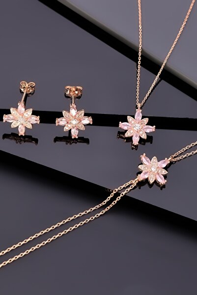 Miavi Silver 925 Ayar Gümüş Pembe Taşlı Kamelya Çiçeği Set