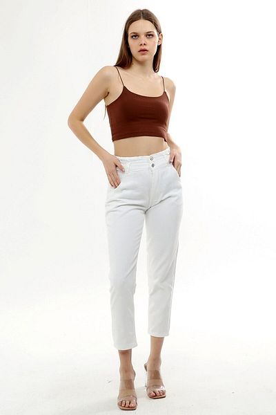 MAKRAS EXCLUSIVE Λευκό ψηλόμεσο Mom Jeans με ελαστική μέση