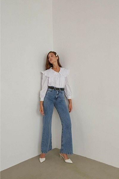 MAKRAS EXCLUSIVE Serenay anii 90 Blue Snow Wash Lycra Jeans largi cu talie super înaltă Pantaloni Palazzo 2505