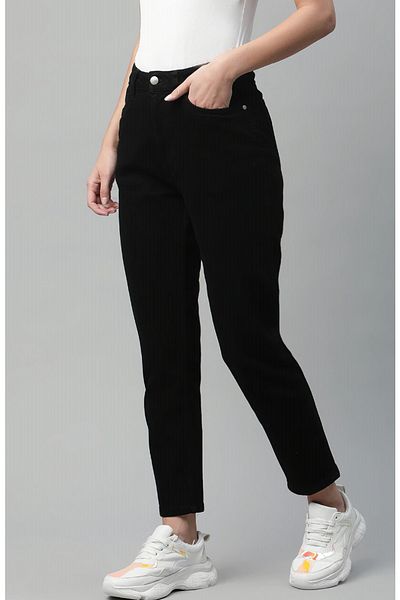 Trn JNS Blugi negri Mom Jeans cu talie elastică și înaltă
