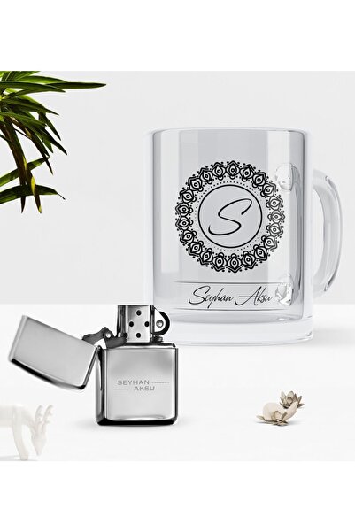 Bk Gift Babalar Gününe Özel Isimli Cam Kupa Bardak Benzinli Metal Çakmak Seti-2