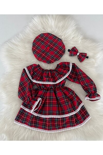 Moda Lina Baby Red Plaid Patterned Frilly Dress Hat Bandana Set