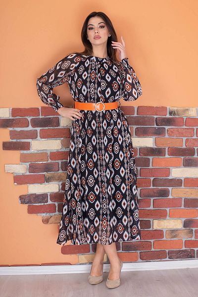 Neşeli Butik Rochie de damă din șifon căptușită cu guler cu centură Ry0032