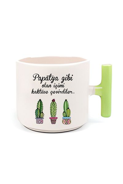 GünayStore Double Turkish Coffee Cup & Espresso Cactus Motto Green Handle T Handle 200 Ml