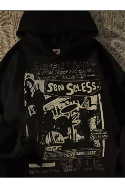 Touz Grunge Cartoon Printed 3 Thread Raised (UNİSEX) Black Hoodie