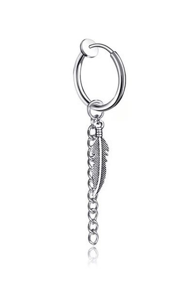 Jaida Moda Unisex Silver Feather And Chain Dangle Compression Non-perforated Steel Earrings