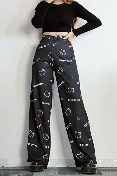 Gofeel Black Colored Hello Kitty Collage Unisex Wide Leg Sweatpants