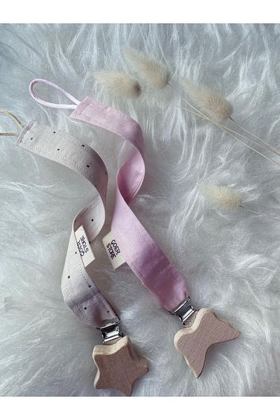 GOER STORE Butterfly-heart Natural Wood Detailed Pink 100% Cotton Pacifier Hanger Set