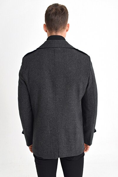 DYNAMO Ανδρικό παλτό με μοτίβο από μαλλί ανθρακί με φερμουάρ και κλείσιμο με κουμπιά