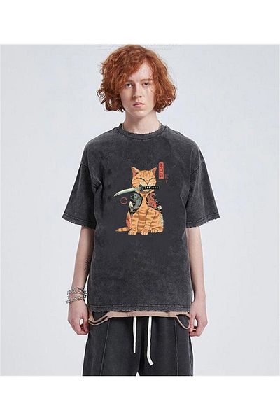 Touz Unisex Killer Cat Washable Vintage T-shirt