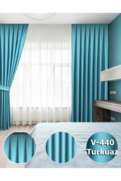 YS PERDE TASARIM Luxury Satin Blackout Blackout Background Curtain High Quality 1/3 Close Pleat - Turquoise
