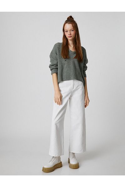 Koton V-Neck Sweater Long Sleeve Openwork Knitted
