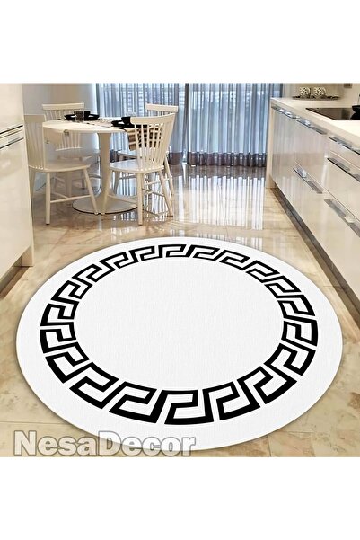 NesaDecor Kaymaz Taban Makinede Yıkanabilir Çerçeveli Yuvarlak Halı Geometrik...