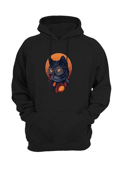 LOUİSA Hooded Unisex Oversize DJ Cat Printed Sweatshirt Hoodie