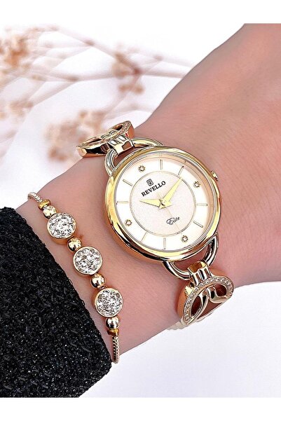 Revello Rvl-1446-f Altın Kaplama Elite Taşlı 30 Mt Su Geçirmez+bileklik Lady Wristwatch