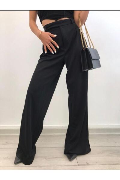 ROSE TML Kadın Yüksel Bel Pileli Plazzo Siyah Pantolon