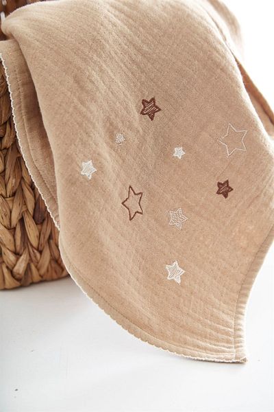 Kirazkids 100x100 Star Embroidered 4 Layer Brown Muslin Blanket