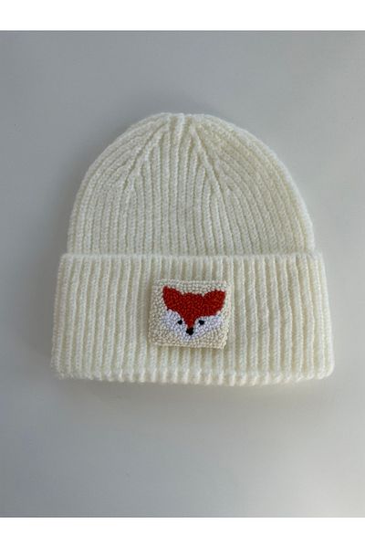 byebruketenci Light Cream Wool Beret Fox Punch Detailed Unisex Christmas Gift