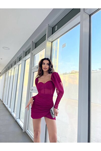 conconmoda Simli Tül Kumaş Içi Astarlı Gögüs Gloplu Fermuarlı Pembe Mini Elbise