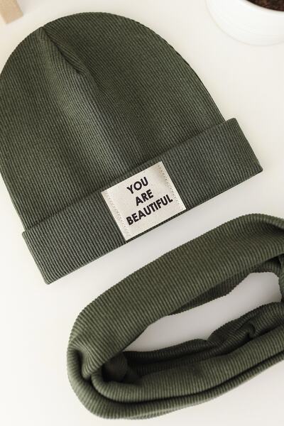 Doğan Collection Khaki Ribbed Labeled Beanie Neck Collar Set