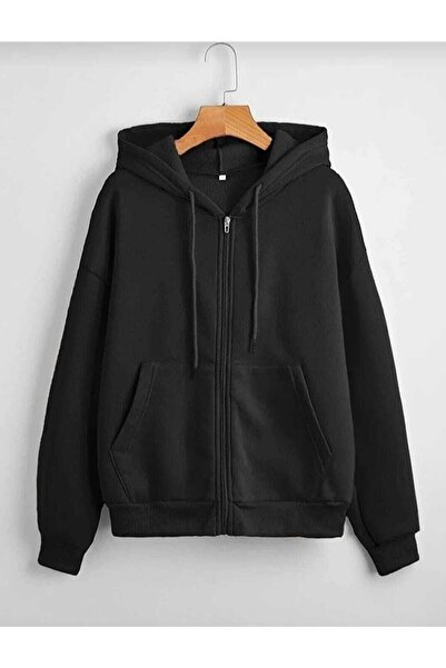 Siyah Kapüşonlu Fermuarlı Ceket Sweatshirt Kapşonlu