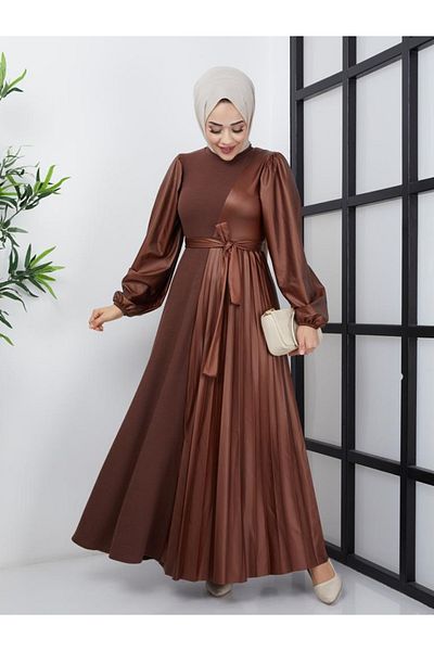 Moda Krash Leather Combination Dress with Pleat Detail