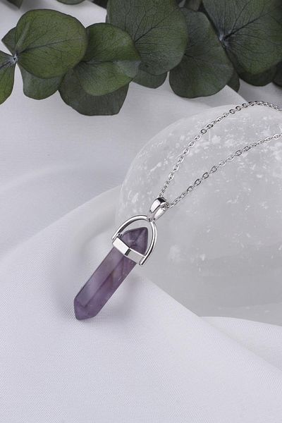 Dünya Doğal Taş Natural Nail Cut Amethyst Stone Necklace - Kl0455